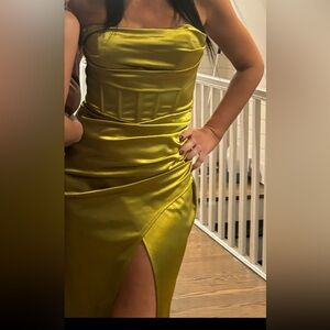 SHEIN Strapless Satin Dress in Olive